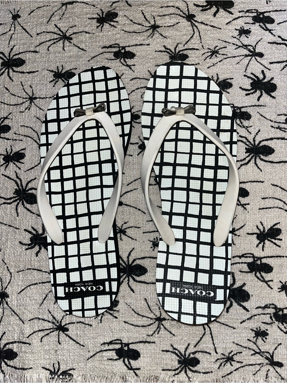 COACH Black & White Grid Flip Flop Sandals